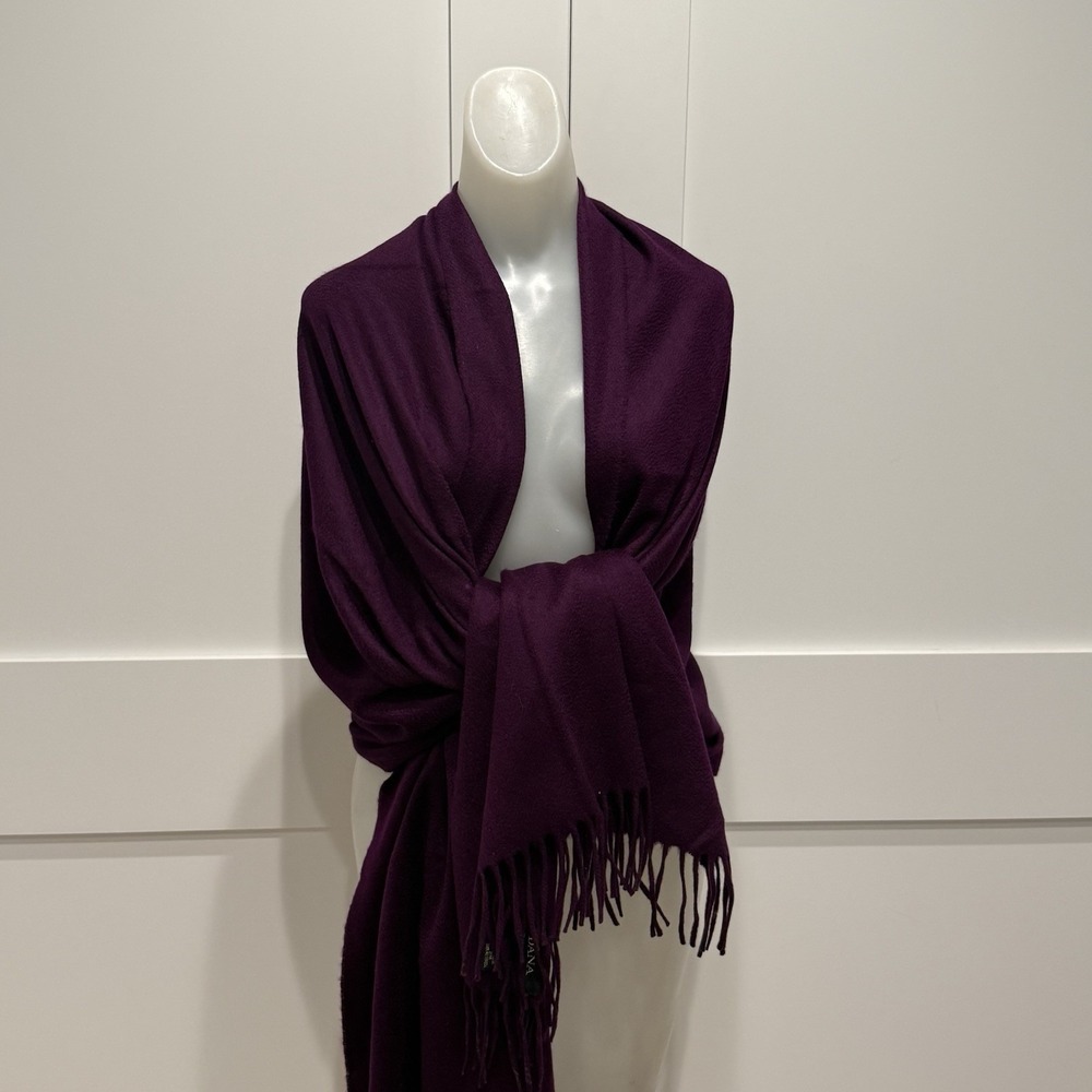 Dana Buchman 100% Cashmere Dark Purple Wrap Scarf Shawl Fringe Oversized